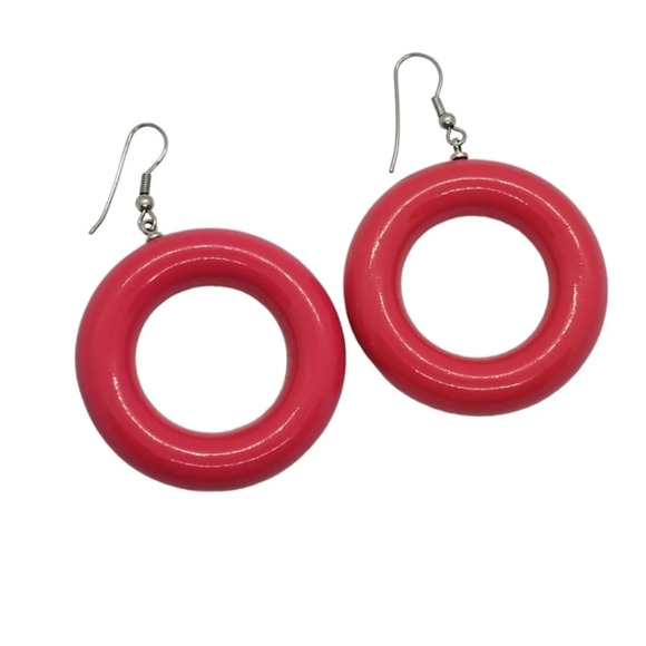 RETRO HOT PINK PUFFED HOOP DROP EARRINGS - Picture 3 of 5